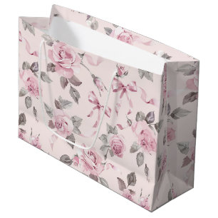 Pretty Blush Pink Roses & Bows Floral Wedding Large Gift Bag