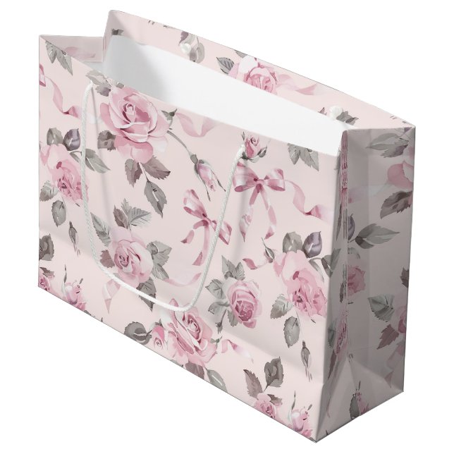 Pretty Blush Pink Roses & Bows Floral Wedding Large Gift Bag (Front Angled)