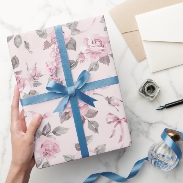 Pretty Blush Pink Roses & Bows Floral Wedding Wrapping Paper (Gifting)