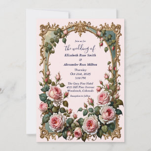 Pretty blush pink roses elegant art frame wedding invitation
