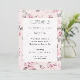 Pretty Blush Pink Roses Floral & Bows Birthday Invitation