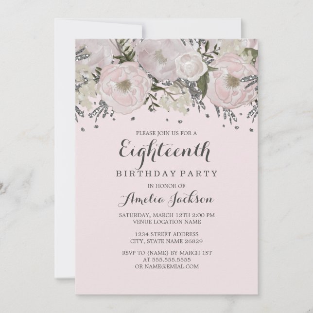 Pretty Blush Pink Silver Floral 18th Birthday Invitation (Front)