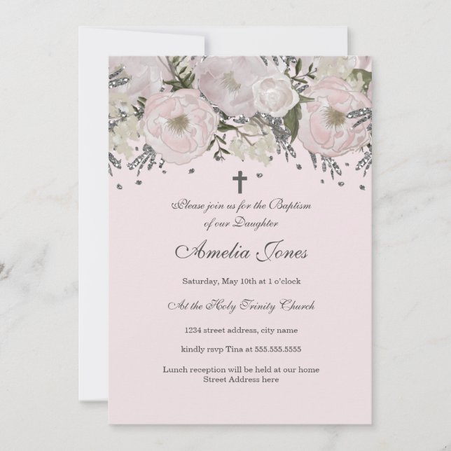 Pretty Blush Pink Silver Floral Baptism Invitation (Front)