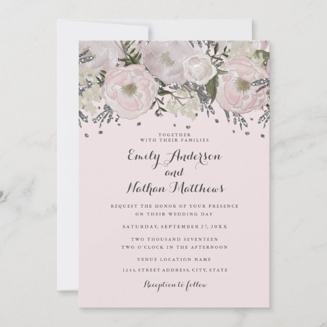 Pretty Blush Pink Silver Floral Wedding Invitation (Front)