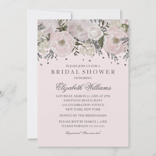Pretty Blush Pink Silver Flower Bridal Shower Invitation (Front)