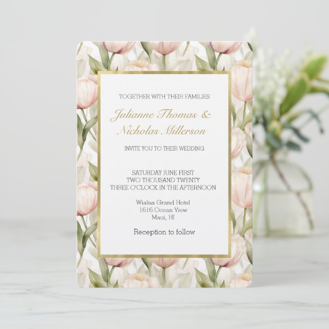 Pretty Blush Pink Tulip Flowers Wedding Invitation (Standing Front)
