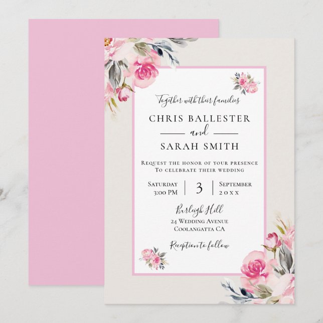 Pretty Blush Pink Watercolor Flowers Wedding Invitation (Front/Back)