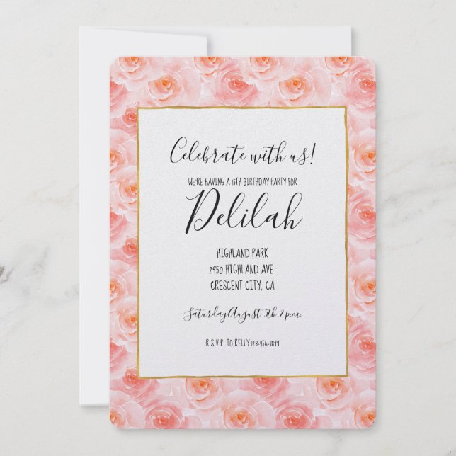 Pretty Blush Pink Watercolor Roses Birthday Invitation (Front)
