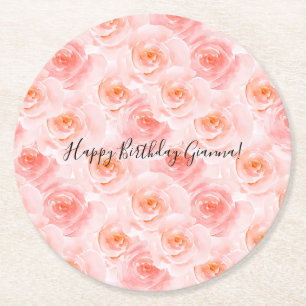 Pretty Blush Pink Watercolor Roses Birthday Round Paper Coaster
