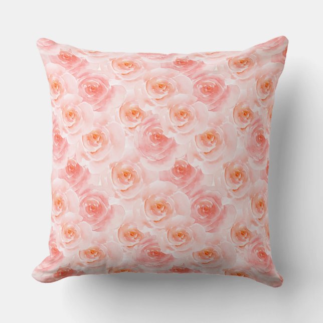 Pretty Blush Pink Watercolor Roses Cushion (Front)