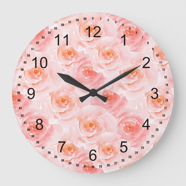 Pretty Blush Pink Watercolor Roses Large Clock (Front)