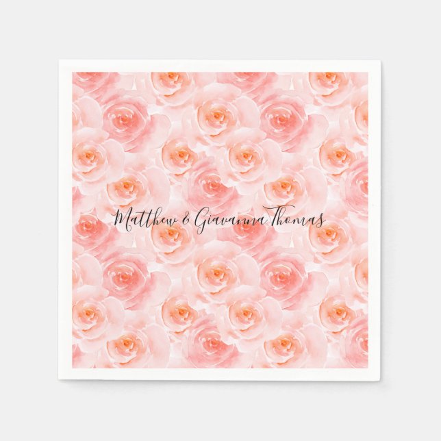 Pretty Blush Pink Watercolor Roses Napkin (Front)