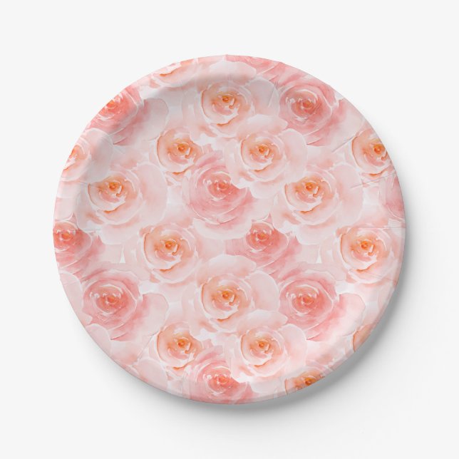 Pretty Blush Pink Watercolor Roses Paper Plate (Front)
