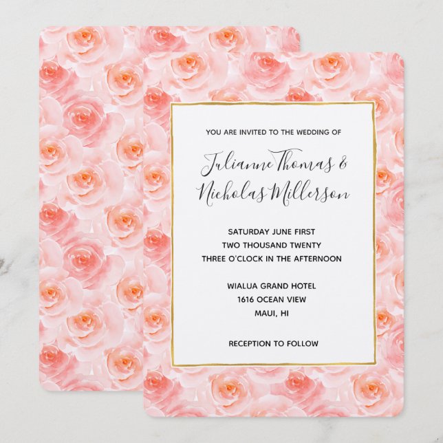 Pretty Blush Pink Watercolor Roses Wedding Invites (Front/Back)