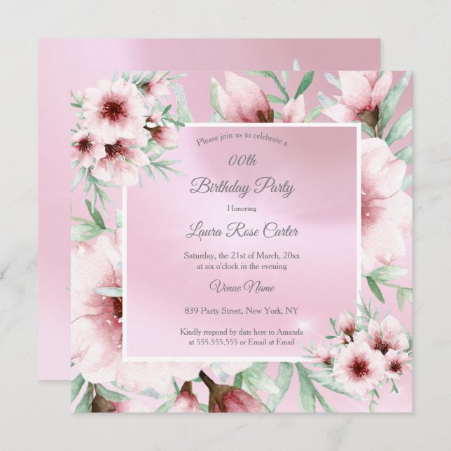 Pretty Blush Pink white floral Birthday Party Invitation (Front/Back)