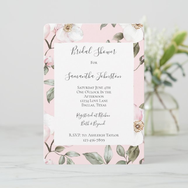 Pretty Blush Pink White Flowers Bridal Shower Invitation (Standing Front)