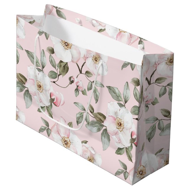 Pretty Blush Pink White Flowers Bridal Shower Large Gift Bag (Front Angled)
