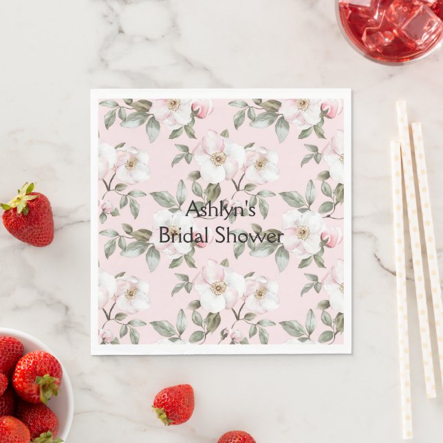 Pretty Blush Pink White Flowers Bridal Shower Napkin (Insitu)