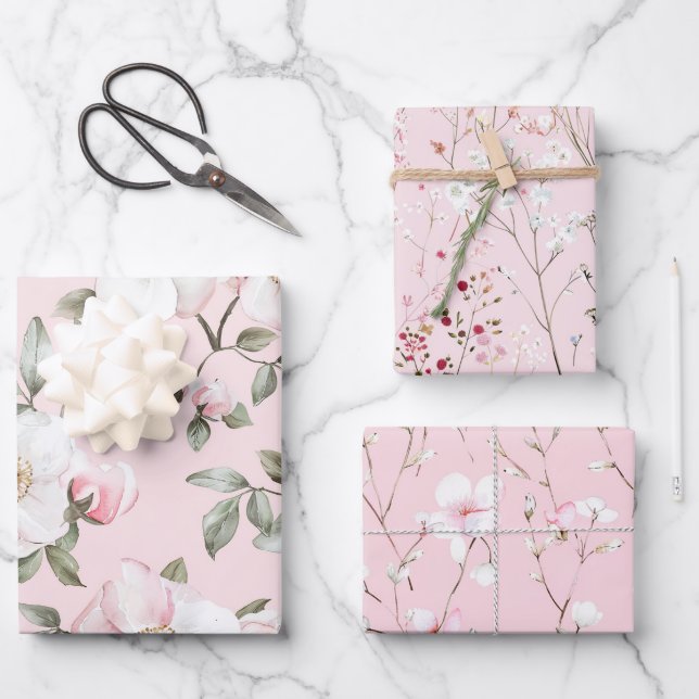 Pretty Blush Pink White Flowers Bridal Shower Wrapping Paper Sheet (Front)