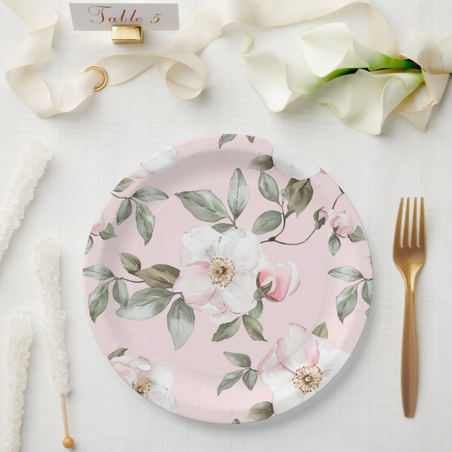 Pretty Blush Pink White Flowers Wedding  Paper Plate (Wedding)