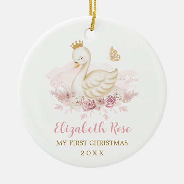 Pretty Blush Swan Princess Baby 1st Christmas Ceramic Tree Decoration (Front)