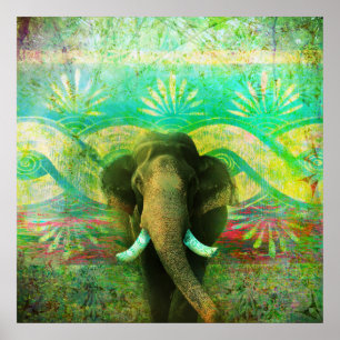 Pretty Bohemian Elephant Turquoise Tribal Pattern Poster