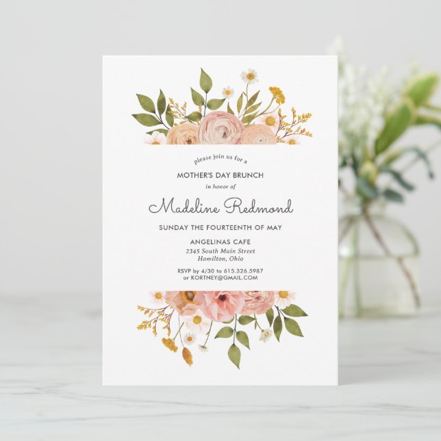 Pretty Bohemian Floral Mothers Day Brunch Invitation (Standing Front)