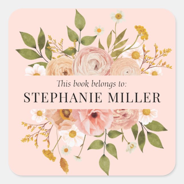 Pretty bohemian floral name mothers day bookplate square sticker (Front)