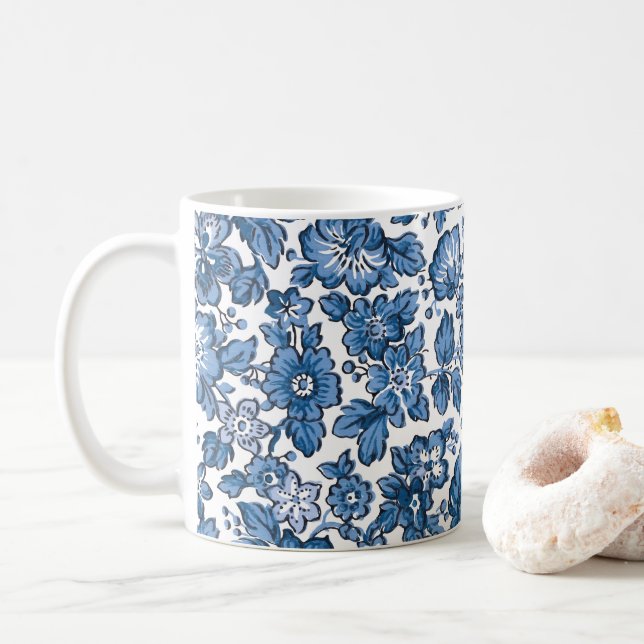 Pretty Boho Blue and White Floral Coffee Mug (With Donut)