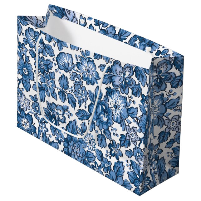 Pretty Boho Blue and White Floral Large Gift Bag (Front Angled)