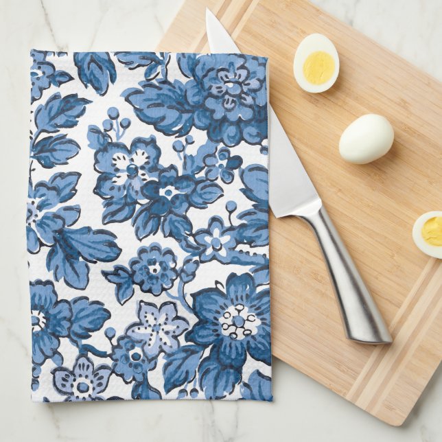 Pretty Boho Blue and White Floral Tea Towel (Quarter Fold)