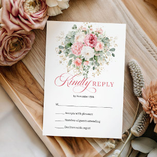 Pretty Boho Blush Roses Gold Wedding RSVP Cards