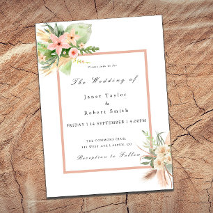 Pretty Boho Bouquet with Blush Border Wedding Invitation