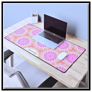 Pretty Boho Chic Pink Gold White Mandala Desk Mat