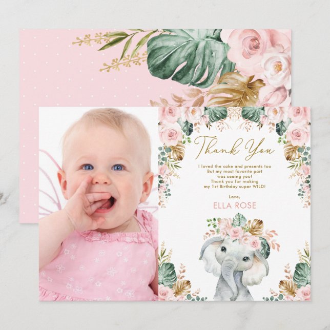 Pretty Boho Elephant Girl Pink Floral Birthday Thank You Card (Front/Back)