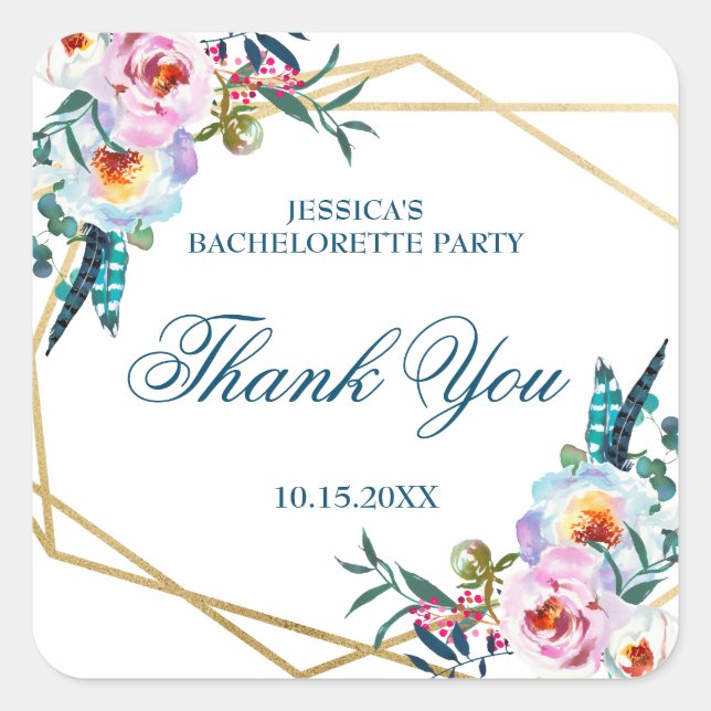 Pretty Boho Floral Bachelorette Party Square Sticker (Front)