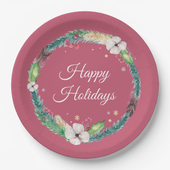 Pretty Boho Holiday Wreath  Paper Plate (Front)