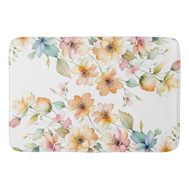 Pretty Boho Orange Pink Watercolor Wildflowers Bath Mat (Front)