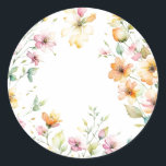 Pretty Boho Orange Pink Watercolor Wildflowers Classic Round Sticker<br><div class="desc">Romantic pretty boho wildflowers. Perfect for spring, summer, or fall events. Beautiful wildflower watercolor artwork for country, boho, garden, and floral theme occasions. To get started changing names and event details, click on "Personalise this template" and edit the wording in the template boxes. To access the more advanced editing tools,...</div>