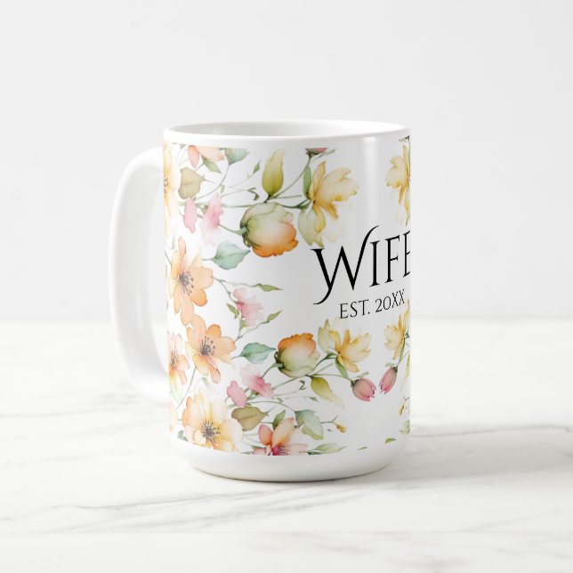 Pretty Boho Orange Pink Watercolor Wildflowers Coffee Mug (Front Left)