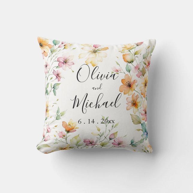 Pretty Boho Orange Pink Watercolor Wildflowers Cushion (Front)