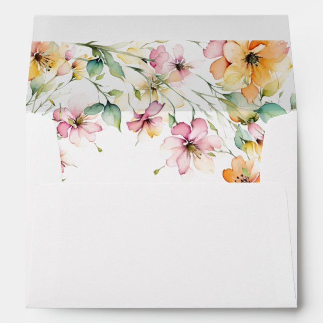 Pretty Boho Orange Pink Watercolor Wildflowers Envelope (Back (Bottom))