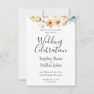 Pretty Boho Orange Pink Watercolor Wildflowers Invitation
