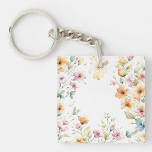 Pretty Boho Orange Pink Watercolor Wildflowers Key Ring
