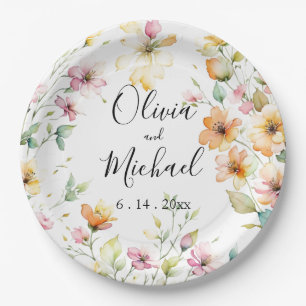 Pretty Boho Orange Pink Watercolor Wildflowers Paper Plate