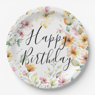 Pretty Boho Orange Pink Watercolor Wildflowers Paper Plate