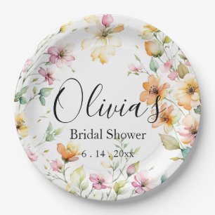 Pretty Boho Orange Pink Watercolor Wildflowers Paper Plate