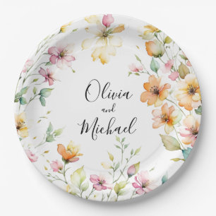 Pretty Boho Orange Pink Watercolor Wildflowers Paper Plate