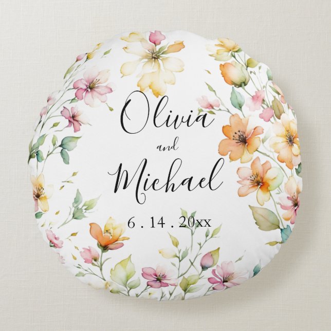 Pretty Boho Orange Pink Watercolor Wildflowers Round Cushion (Front)