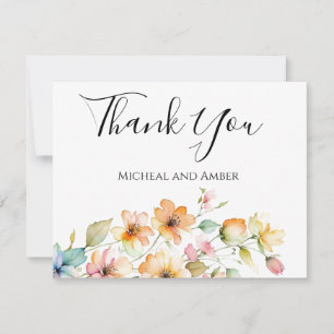 Pretty Boho Orange Pink Watercolor Wildflowers Thank You Card